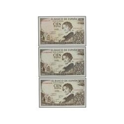 Lote 3 billetes 100 Pesetas. - 19 Noviembre 1965. - Bécquer. Series E y 1I (Pareja correlativa). Ed-