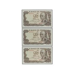 Lote 3 billetes 100 Pesetas. - 17 Noviembre 1970. - Falla. Sin Serie. Trío correlativo. Ed-D73. SC.
