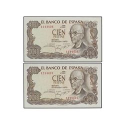Lote 2 billetes 100 Pesetas. - 17 Noviembre 1970. - - Falla. Sin Serie. Pareja correlativa. Ed-D73.