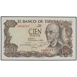 100 Pesetas. - 17 Noviembre 1970. - - Falla. Sin Serie. Numeración baja 0000212. Ed-D73. SC. - -