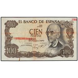 100 Pesetas. - 17 Noviembre 1970. - - Falla. Serie 1M. ERROR: Numerador desplazado y tinta corrida.