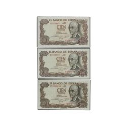 Lote 3 billetes 100 Pesetas. - 17 Noviembre 1970. - Falla. Series 1T04606640, Y3970793 y Y3988893, t