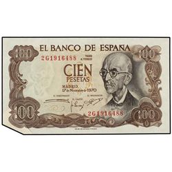 100 Pesetas. - 17 Noviembre 1970. - - Falla. Serie 2G. ERROR: Fuelle en esquina inferior izquierda.