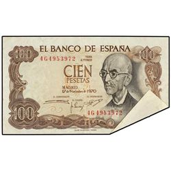 100 Pesetas. - 17 Noviembre 1970. - - Falla. Serie 4G. ERROR: Pliegue sin impresión en reverso, en e