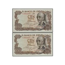 Lote 2 billetes 100 Pesetas. - 17 Noviembre 1970. - - Falla. Serie 7L. ERROR: Banda sin imprimir en