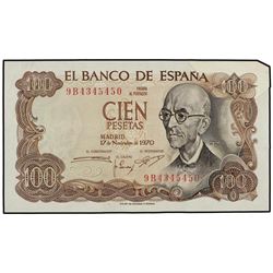 100 Pesetas. - 17 Noviembre 1970. - - Falla. Serie 9B. ERROR: Fuelle en esquina superior derecha. Ed