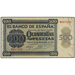 500 Pesetas. - 21 Noviembre 1936. - Catedral de Salamanca. Serie B. (Pequeña rotura en margen izquie