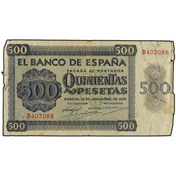 500 Pesetas. - 21 Noviembre 1936. - Catedral de Salamanca. Serie B. (Algunas tiras de seguridad desp