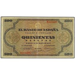 500 Pesetas. - 20 Mayo 1938. - Catedral de Santiago. Serie A. Ed-D34. MBC+. - -