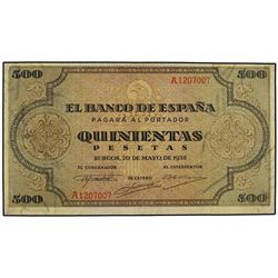 500 Pesetas. - 20 Mayo 1938. - Catedral de Santiago. Serie A. (Pequeñas restauraciones. Márgenes lig