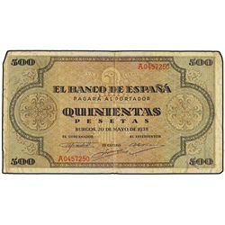 500 Pesetas. - 20 Mayo 1938. - Catedral de Santiago. (Pequeñas roturas). Ed-D34. MBC-. - -