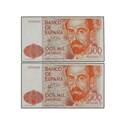 Lote 2 billetes 2.000 Pesetas. - 22 Julio 1980. - Juan Ramón Jiménez. Sin serie. Pareja correlativa.