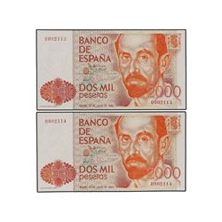 Lote 2 billetes 2.000 Pesetas. - 12 Octubre 1980. - - Juan Ramón Jiménez. Sin Serie. Numeración baja