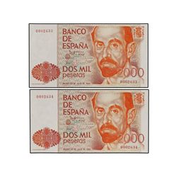 Lote 2 billetes 2.000 Pesetas. - 12 Octubre 1980. - - Juan Ramón Jiménez. Sin Serie. Numeración baja