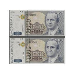 Lote 2 billetes 10.000 Pesetas. - 12 Octubre 1992. - - Juan Carlos I. Serie U. Pareja correlativa. E