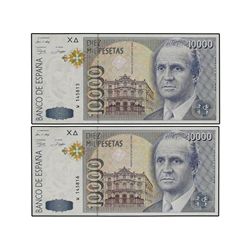 Lote 2 billetes 10.000 Pesetas. - 12 Octubre 1992. - - Juan Carlos I. Serie W. Pareja correlativa. E