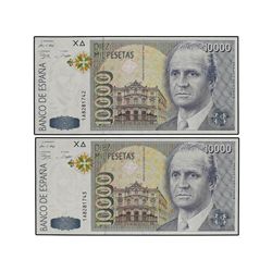 Lote 2 billetes 10.000 Pesetas. - 12 Octubre 1992. - - Juan Carlos I. Serie 1A. Pareja correlativa.