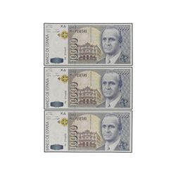 Lote 3 billetes 10.000 Pesetas. - 12 Octubre 1992. - - Juan Carlos I. Serie 9A. Trío correlativo. Ed
