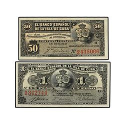 Lote 2 billetes 50 Centavos y 1 Peso. - 15 Mayo 1896. - EL BANCO ESPAÑOL DE LA ISLA DE CUBA. - Ed-CU