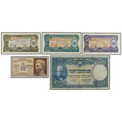 Lote 6 billetes 20 Franka Ari, 0,05, 0,10, 1/2 y 2 Lek. - S/F. y 1965. - ALBANIA. - WPM-3,9 ; Fx21/F