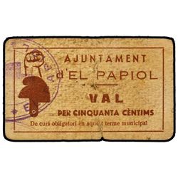 50 Cèntims. - Aj. d´EL PAPIOL. - Cartón. Sin Serie y sin firmas. RARO. AT-1778k; T-2053. MBC. - -