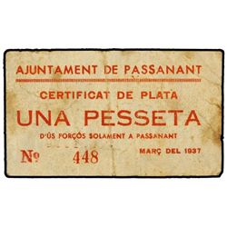 1 Pesseta. - Març 1937. - Aj. de PASSANANT. - (Manchas). RARO. AT-1783; T-2067. MBC. - -