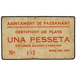 1 Pesseta. - Març 1937. - Aj. de PASSANANT. - Sin sello tampón. (Sucio). MUY ESCASO. AT-1783b; T-206