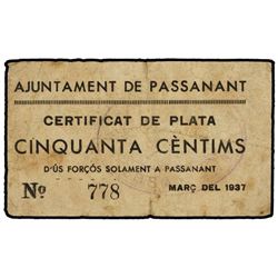 50 Cèntims. - Març 1937. - Aj. de PASSANANT. - (Sucio. Pequeñas roturas). ESCASO. AT-1784; T-2068. M