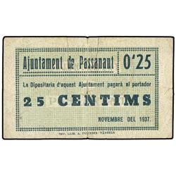 25 Cèntims. - Novembre 1937. - Aj. de PASSANANT. - (Sucio. Algunas roturas.). ESCASO. AT-1787; T-207