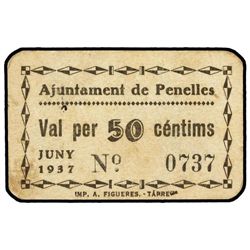 50 Cèntims. - Juny 1937. - Aj. de PENELLES. - Cartón. ESCASO. AT-1880; T-2084. MBC+. - -