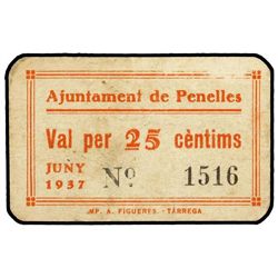 25 Cèntims. - Juny 1937. - Aj. de PENELLES. - Cartón. ESCASO. AT-1801; T-2085. MBC. - -