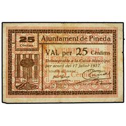 25 Cèntims. - 17 Juliol 1937. - Aj. de PINEDA. - ESCASO. AT-1823 ;T-2107. MBC. - -