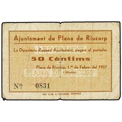50 Cèntims. - 1 Febrer 1937. - Aj. de PLANA DE RIUCORP. - (Pequeña rotura. Algo sucio). AT-1856; T-2
