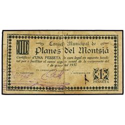 1 Pesseta. - 1 Gener 1937. - C.M. de PLANES DE MONTSIÀ. - (Muy usado, pérdida de papel). RARO. AT-18