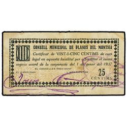 25 Cèntims. - 1 Gener 1937. - C.M. de PLANES DE MONTSIÀ. - RARO. AT-1874; T-2164. MBC. - -