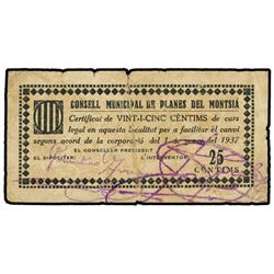 25 Cèntims. - 1 Gener 1937 -. C.M. de PLANES DEL MONTSIÀ. - Firma Primitiu Arnau. (Pequeñas roturas)