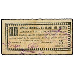 25 Cèntims. - 1 Gener 1937. - C.M. de PLANES DEL MONTSIÀ. - Firma Josep Cid. RARO. AT-1874b; T-2164b