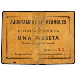 1 Pesseta. - Aj. de PLANOLES. - Cartón. (Dos mitades de distinto billete unidas con papel adhesivo).