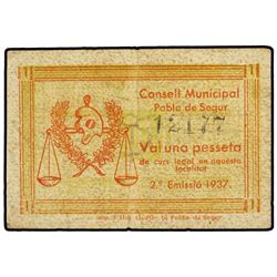1 Pesseta. - 1937. - C.M. de POBLA DE SEGUR. - Cartón. Una sola numeración. (Algo sucio). AT-1920; T