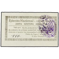 10 Pesetas. - 7 Abril 1938. - JUNTA GESTORA MUNICIPAL POBLA DE SEGUR. - ESCASO. AT-1924; T-2220. SC.
