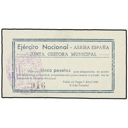 5 Pesetas. - 7 Abril 1938. - JUNTA GESTORA MUNICIPAL POBLA DE SEGUR. - ESCASO. AT-1925; T-2221. SC.