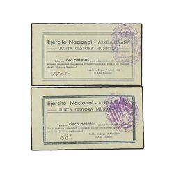Lote 2 billetes de 2 y 5 Pesetas. - 7 Abril 1938. - JUNTA GESTORA MUNICIPAL POBLA DE SEGUR. - AT-192