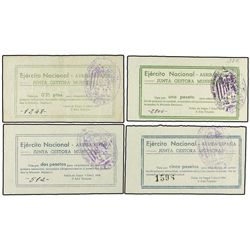 Lote 4 billetes 25 Céntimos, 1, 2 y 5 Pesetas. - 7 Abril 1938. - JUNTA GESTORA MUNICIPAL POBLA DE SE