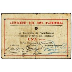 1 Pesseta. - 17 Febrer 1937. - Aj. de PONT D´ARMENTERA. - (Sucio). MUY RARO. AT-1941; T-2237. MBC. -