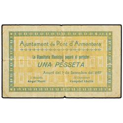 1 Pesseta. - 7 Setembre 1937. - Aj. de PONT D´ARMENTERA. - ESCASO. AT-1943; T-2239. MBC. - -
