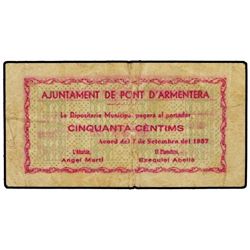 50 Cèntims. - 7 Setembre 1937. - Aj. de PONT D´ARMENTERA. - ESCASO. AT-1944; T-2240. MBC-. - -