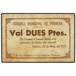 2 Pessetes. - 28 Maig 1937. - C.M. de PORRERA. - Cartón. Serie B. (Sucio). MUY RARO. AT-1962b; T-226