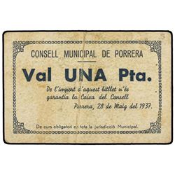 1 Pesseta. - 28 Maig 1937. - C.M. de PORRERA. - Cartón. Serie B. (Algo sucio). MUY RARO. AT-1963c; T