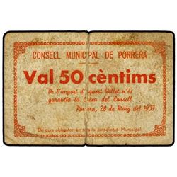 50 Cèntims. - 28 Maig 1937. - C.M. de PORRERA. - Cartón. (Sucio). MUY RARO. AT-1963c; T-2262. MBC-.