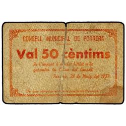 50 Cèntims. - 28 Maig 1937. - C.M. de PORRERA. - Cartón. (Reforzado al dorso). AT-1964; T-2263. BC+.